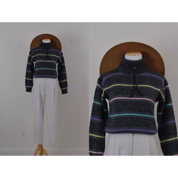 Vintage 90s Gray Striped Acrylic/Nylon‎ Turtleneck Sweater size S - Picture 1 of 10